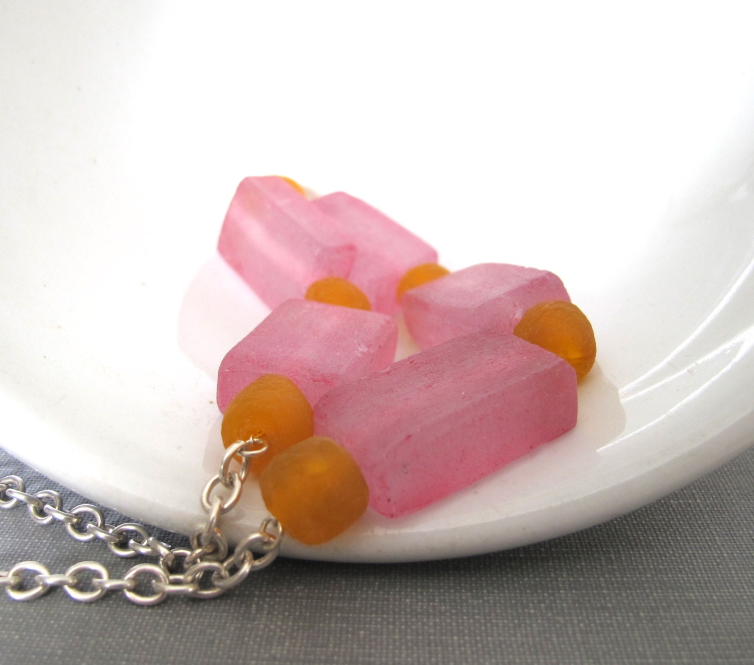 Silver Necklace, Recycled Glass, Glass Necklace, Pink Glass, Orange Glass, Pink and Orange, Silver Chain, Silver Jewelry, Glass Jewelry