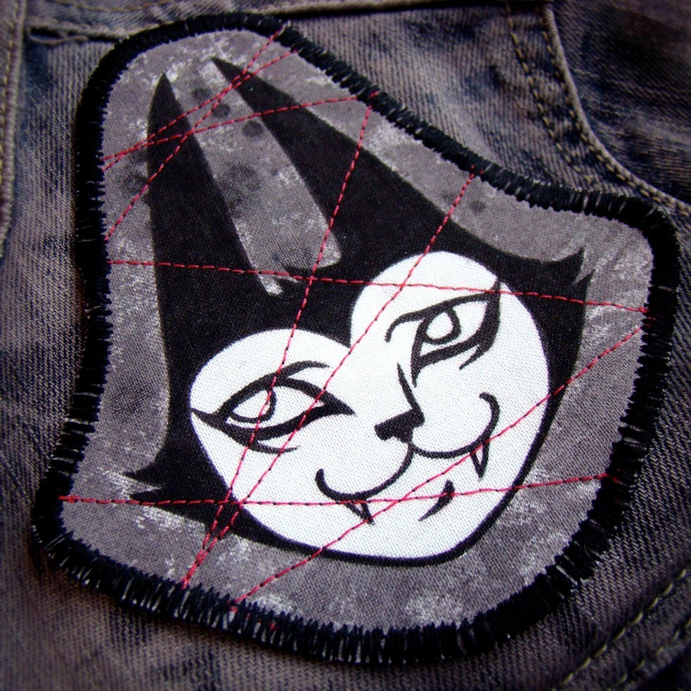 Hand Painted Fabric Patch -Batcat with Grey Background-