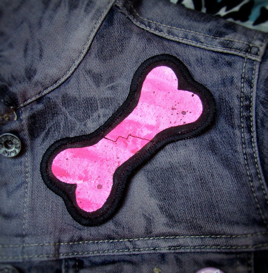 Hand Painted Fabric Patch -Neon Pink Bone with black crack-