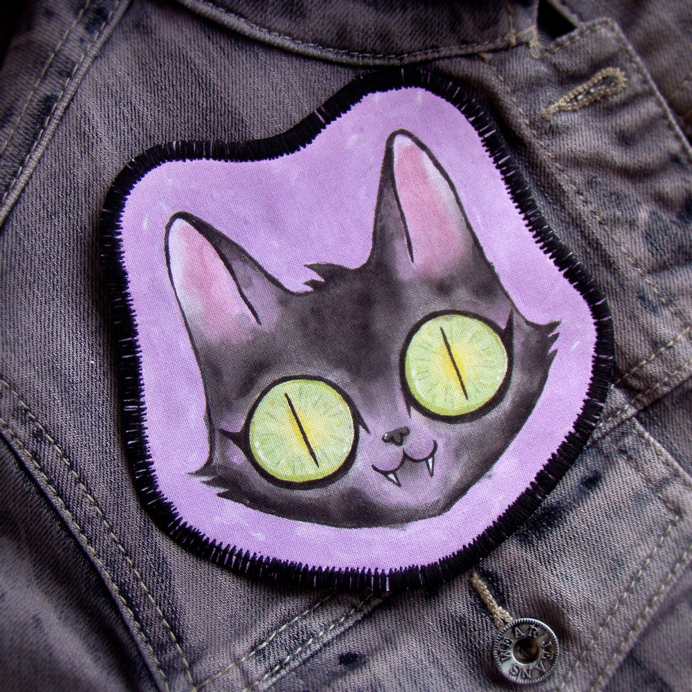 Hand Painted Fabric Patch -Cat Face on Purple- Original Painting