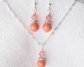Summer Coral Necklace and Earrings Set with Swarovski Crystals and Pearls in Silver