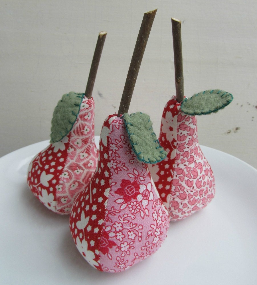Trio of Fabric  Pears in Pinks and Reds