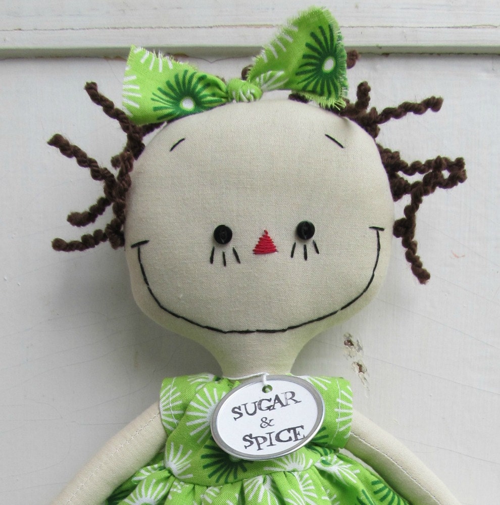 handmade cloth doll brunette Emily in Green