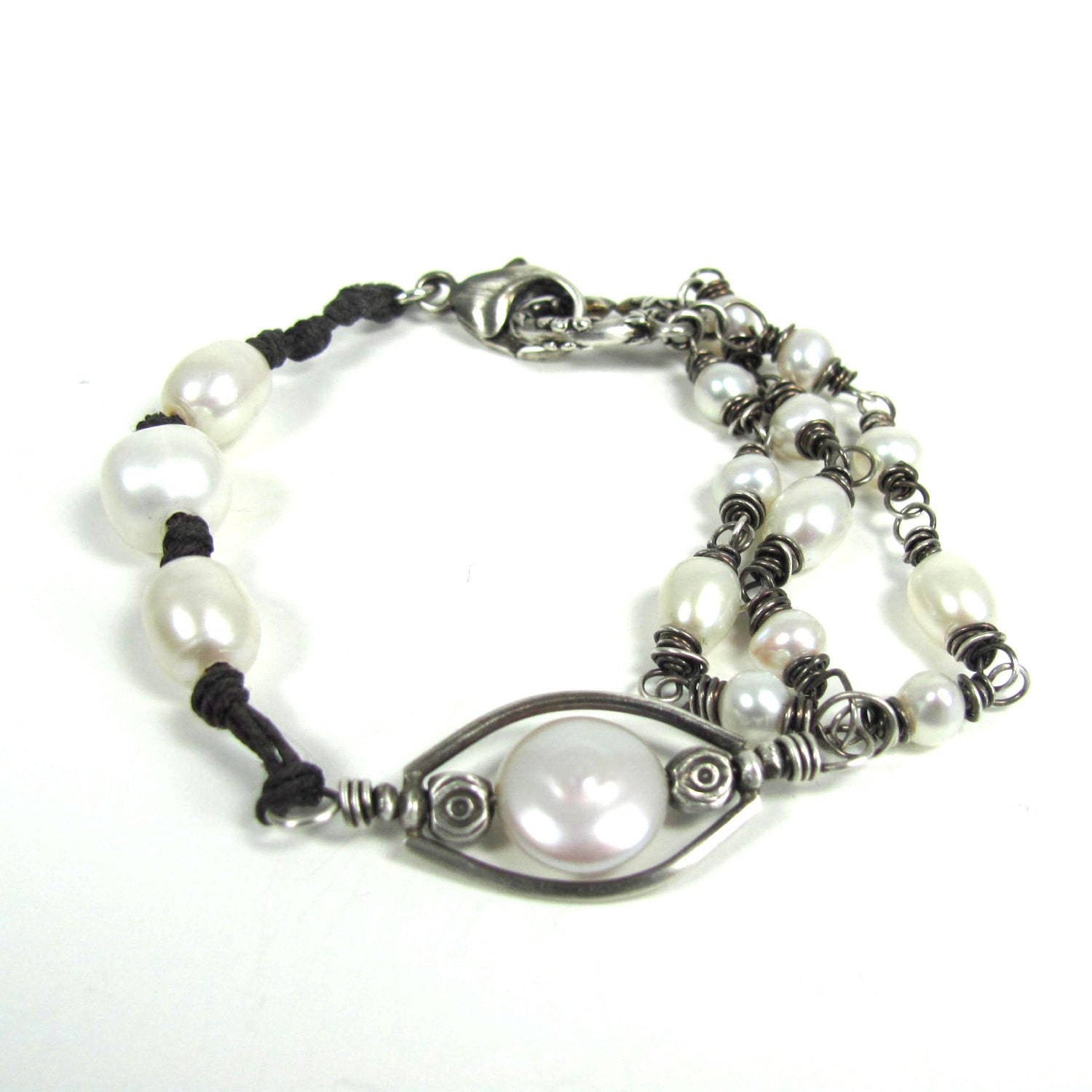 Pearl, Waxed Linen, Hill Tribe Fine Silver Bracelet