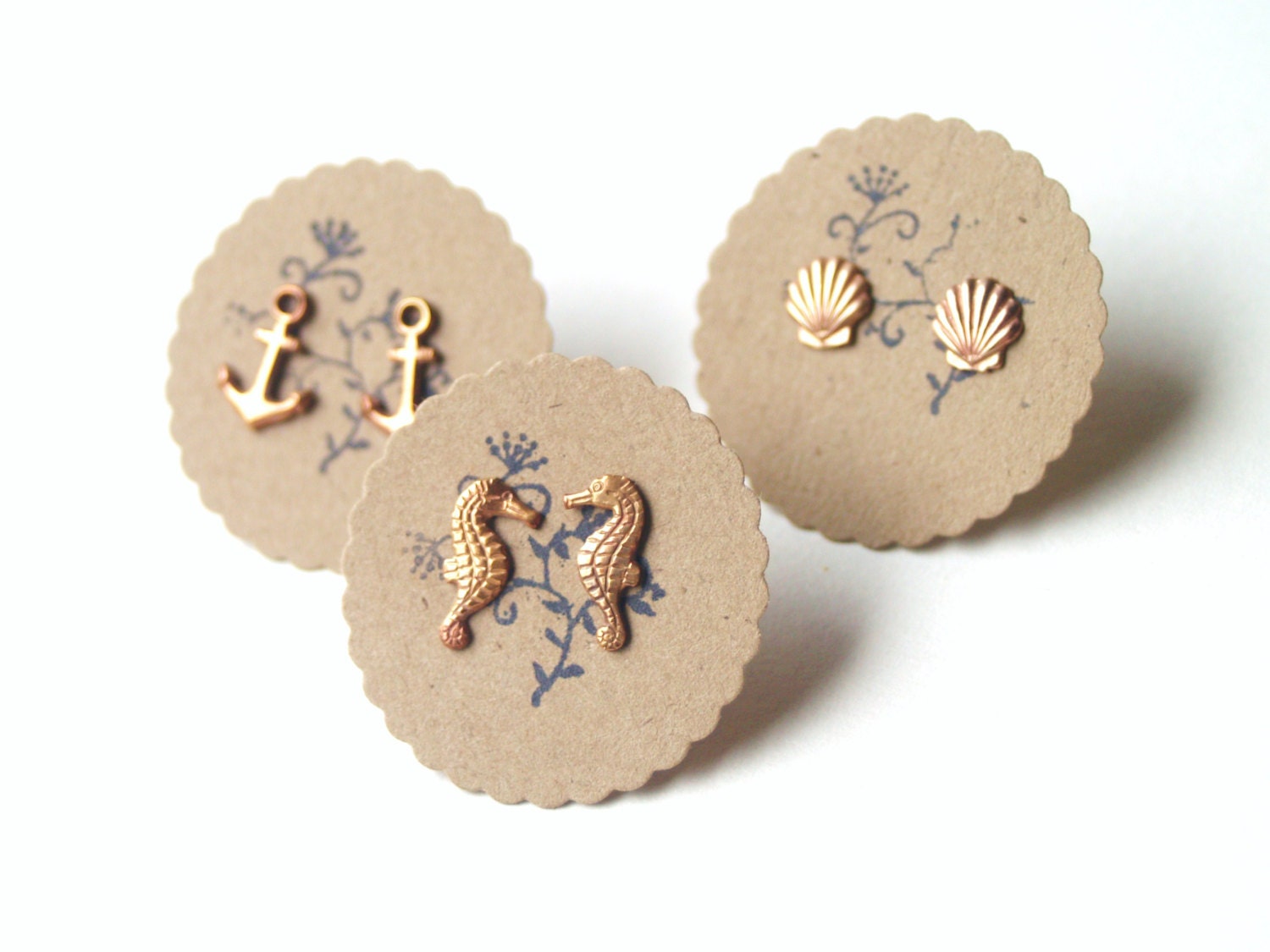 Under the Sea Earring Set, Anchor, Seahorse and Shell Studs