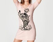 Peach Heather Short Sleeve Tee Dress with Henna Mendhi Lotus Hand Screenprint - Medium