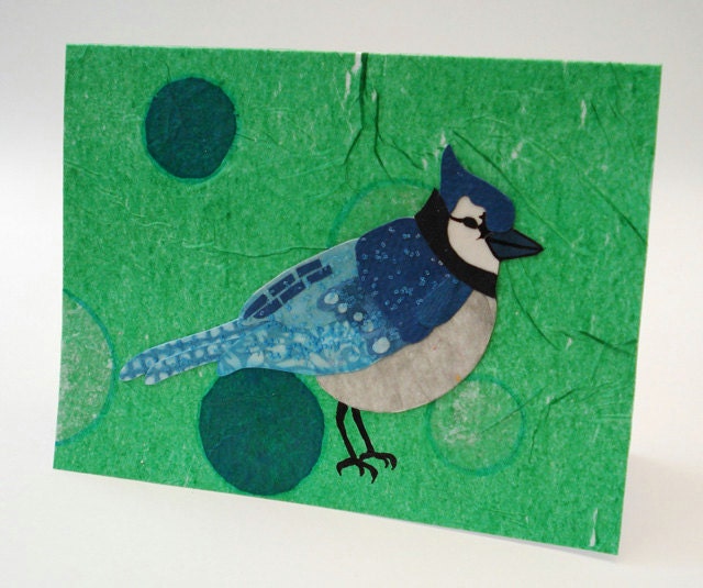 Bird Art Card - Blue Jay - Collage Art - Tissue Paper Art - Recycled Paper - Art Card - Blue, Green, Grey