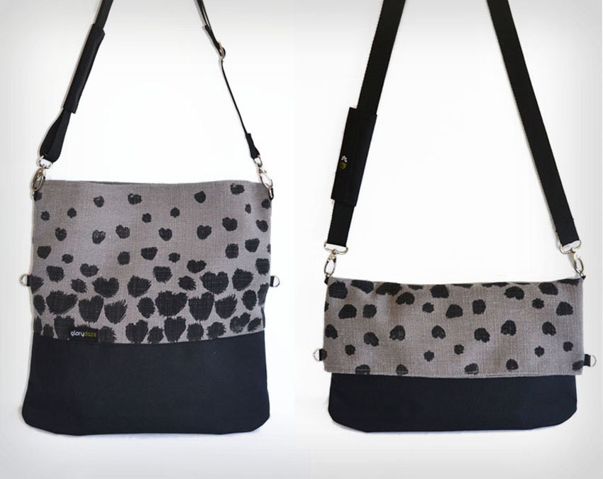 DUO BAG LARGE - Grey Linen Heavy Heart Print - Foldover Bag Canvas Screen Print Gray