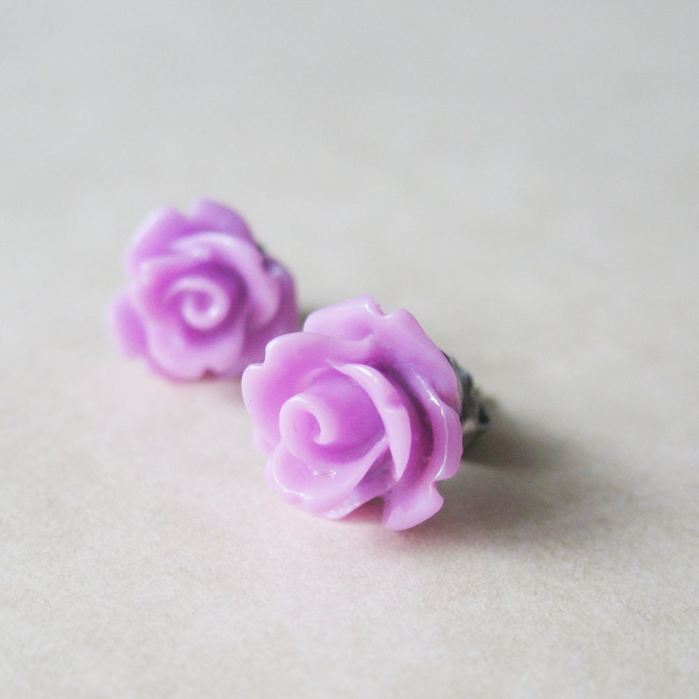 Lilac Flower Earrings - Rose Stud Earrings - Pastel Violet Flowers