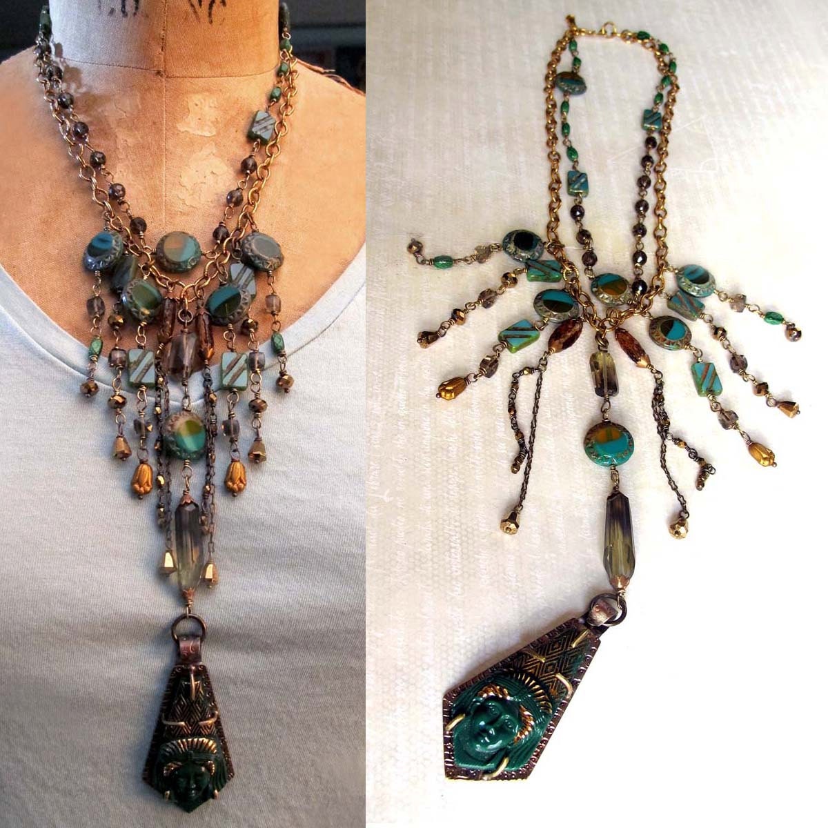 Egyptian Revival Bib Style Pharaoh Green Statement Necklace
