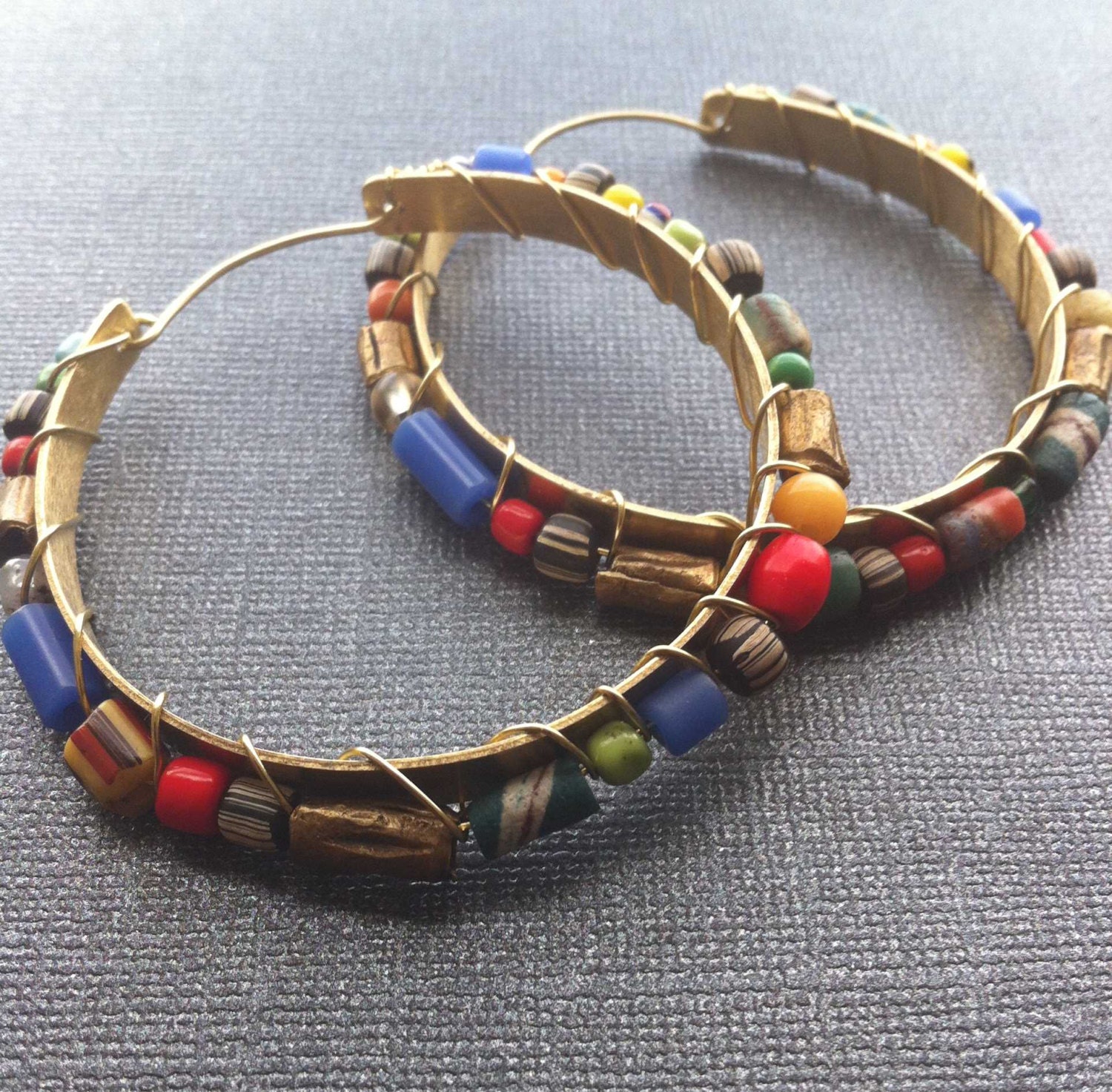 Reserved for Kimberly- Colorful Beaded Gold Brass Hoops with trade beads
