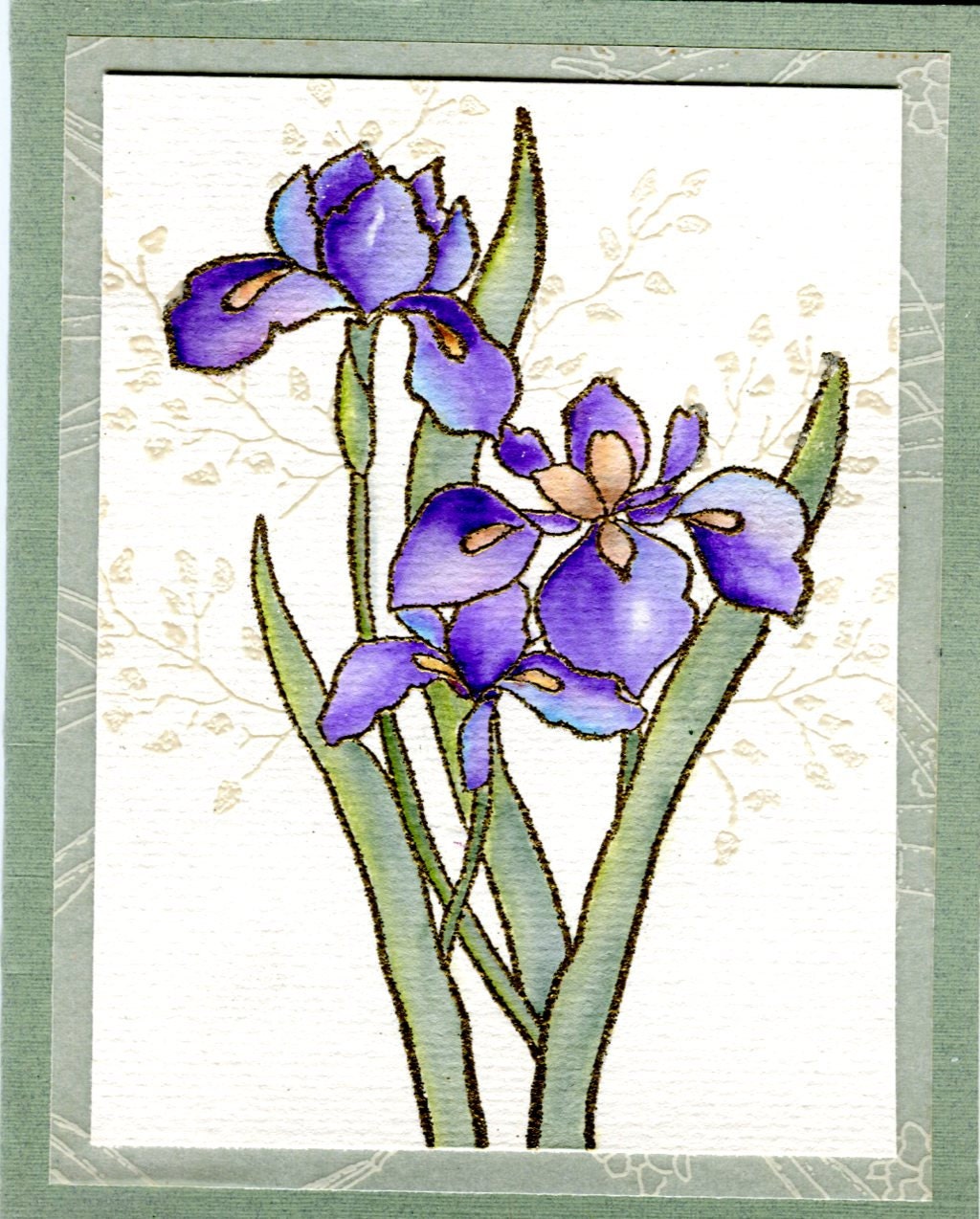 Mixed media stamped and glitter art greeting card Irises in Purple