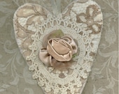 Fabric art  heart in off white and beige laces with antique crochet piece