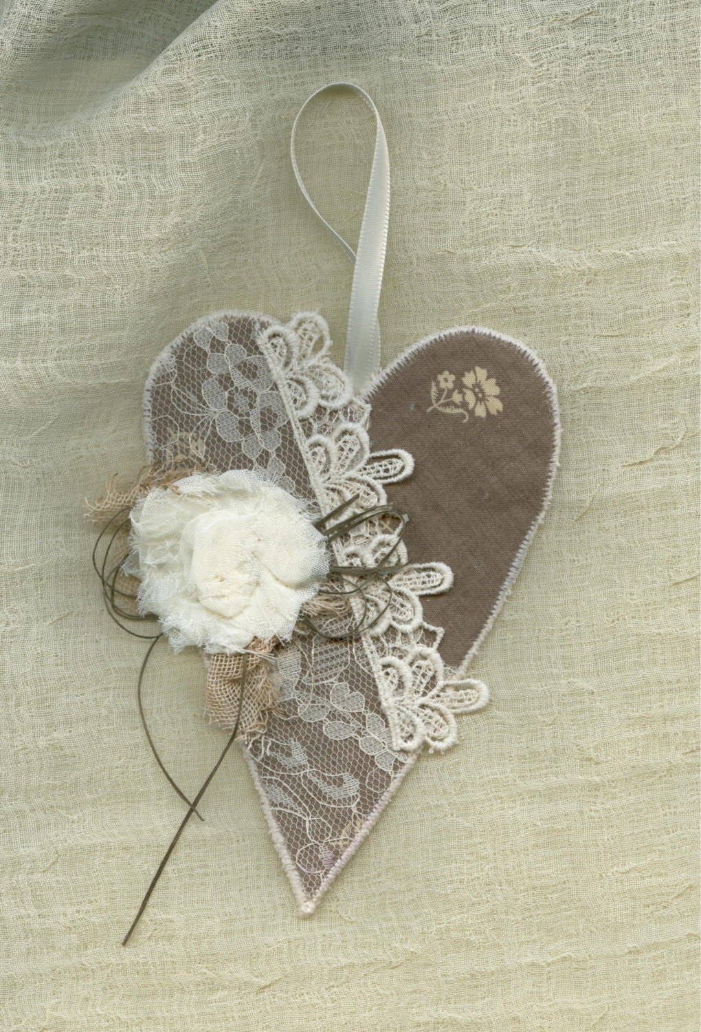 Fabric art  heart country french shabby chic with laces