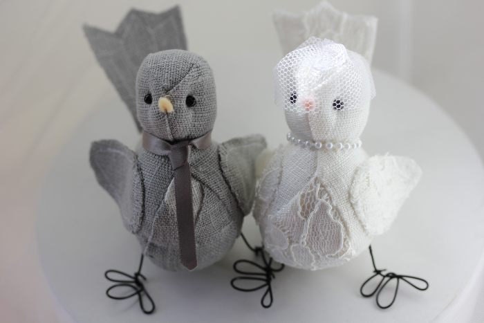 Custom Wedding cake topper  -  Fabric Birds Cake topper -  natural and  ivory linen lace fabric - Love birds wedding cake topper