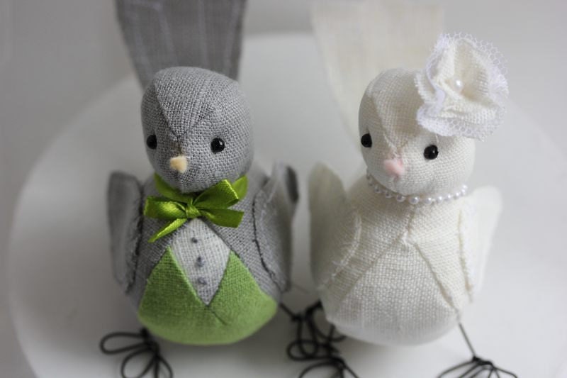 Wedding cake topper  birds - Fabric Bird cake topper -Wedding Love birds cake topper - Lime green - Apple green - Custom Order