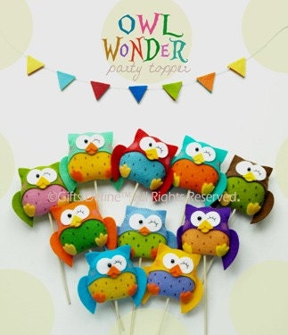 Set of  4 OWL WONDER  Reusable Party Topper - unique party favors - cake topper - baby shower favors - woodland theme party decor