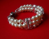 THREE STRAND wedding cuff swarovski pearl and crystal bracelet.  All sterling silver parts. Bridal bracelet. White or cream. Vintage style.