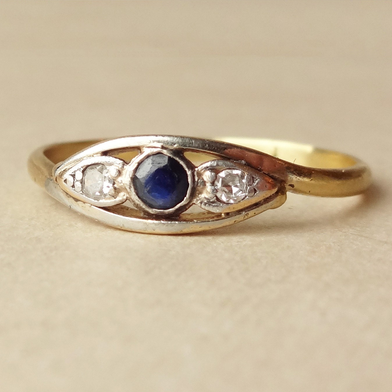 Art Deco Sapphire & Diamond Trilogy Engagement Ring, 1930's Sapphire Platinum and 18k Gold Ring, Approximate Size US 8.25 / 8.5