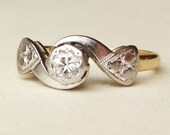 Retro 1960's Geometric Diamond Solitaire Engagement Ring, Diamond Platinum & 18k Gold Vintage Ring Size US 4.5