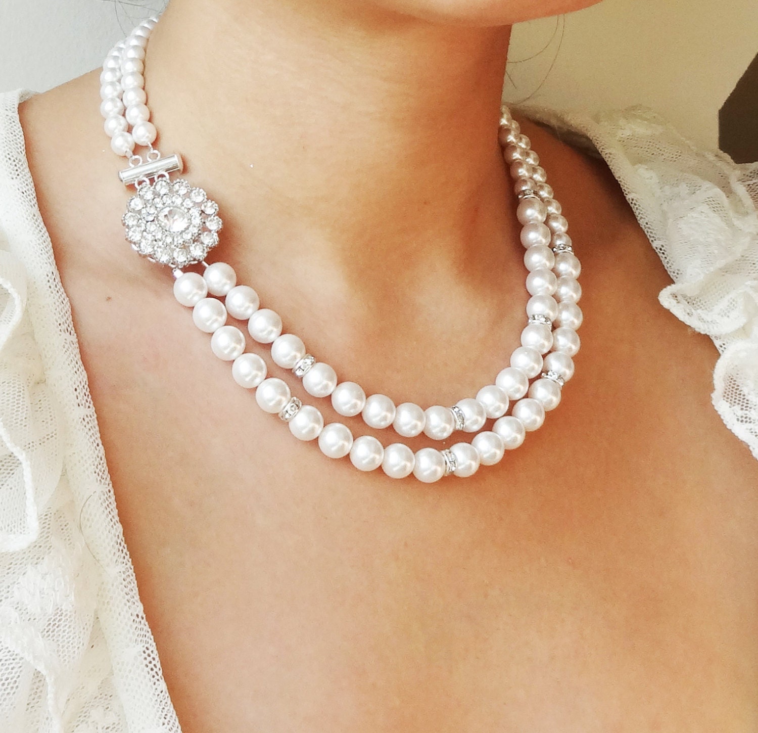 Pearl Bridal Necklace, Vintage Style Bridal Wedding Necklace, Art Deco Bridal Jewelry, Swarovski Crystal Pearl Necklace, Victoria