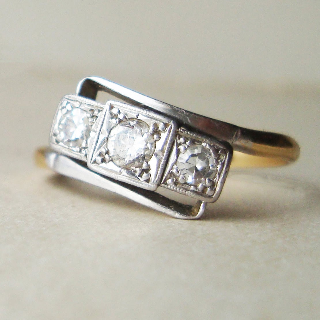 Art Deco Diamond Trilogy Ring, 18k Gold & Platinum Diamond Ring, Antique Diamond Engagement Ring, Approximate Size US 7.75