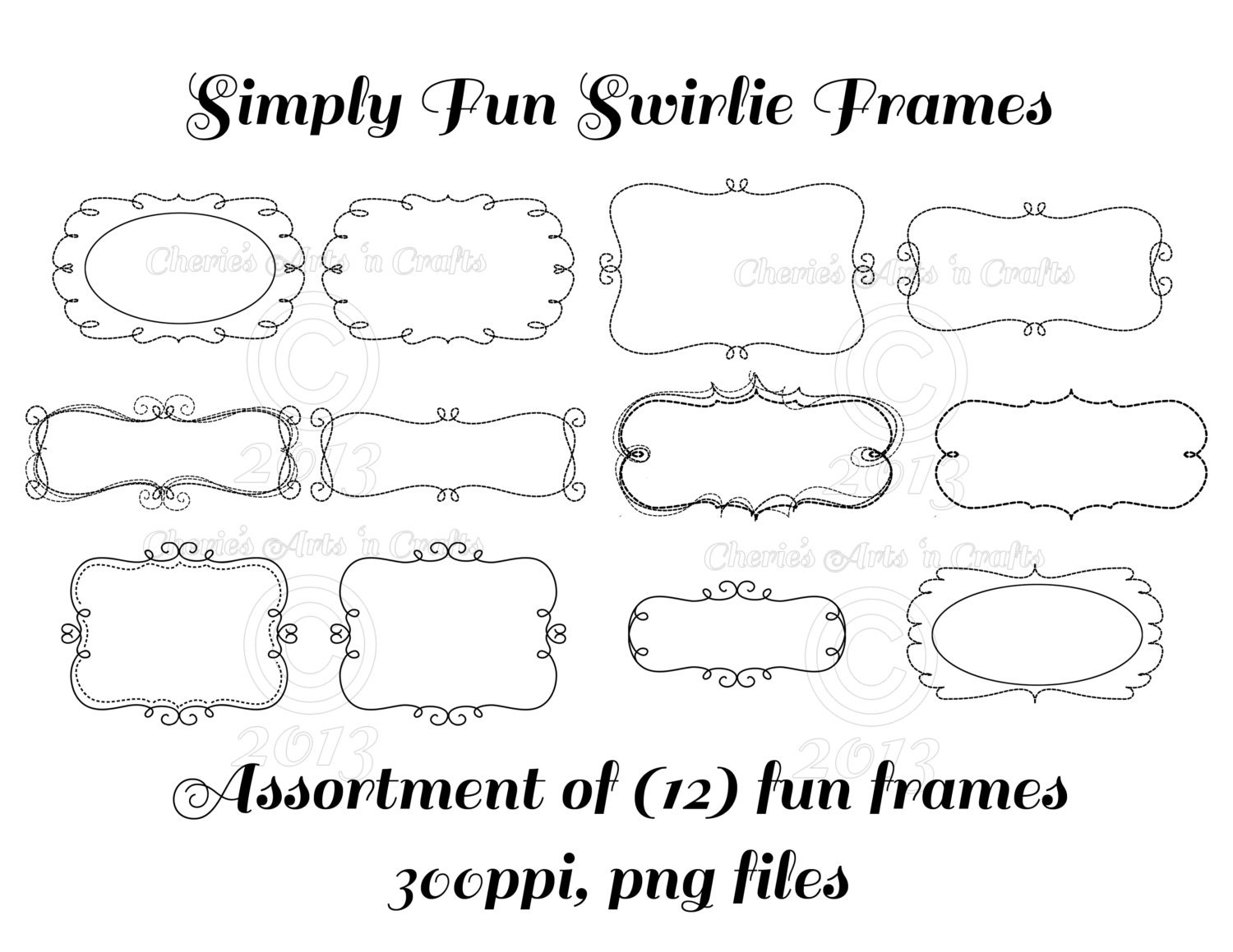 Instant Download, Swirlie Frames, Digital Download PNG Files, Clip Art Frames Kit, Set of 12 Images, Original