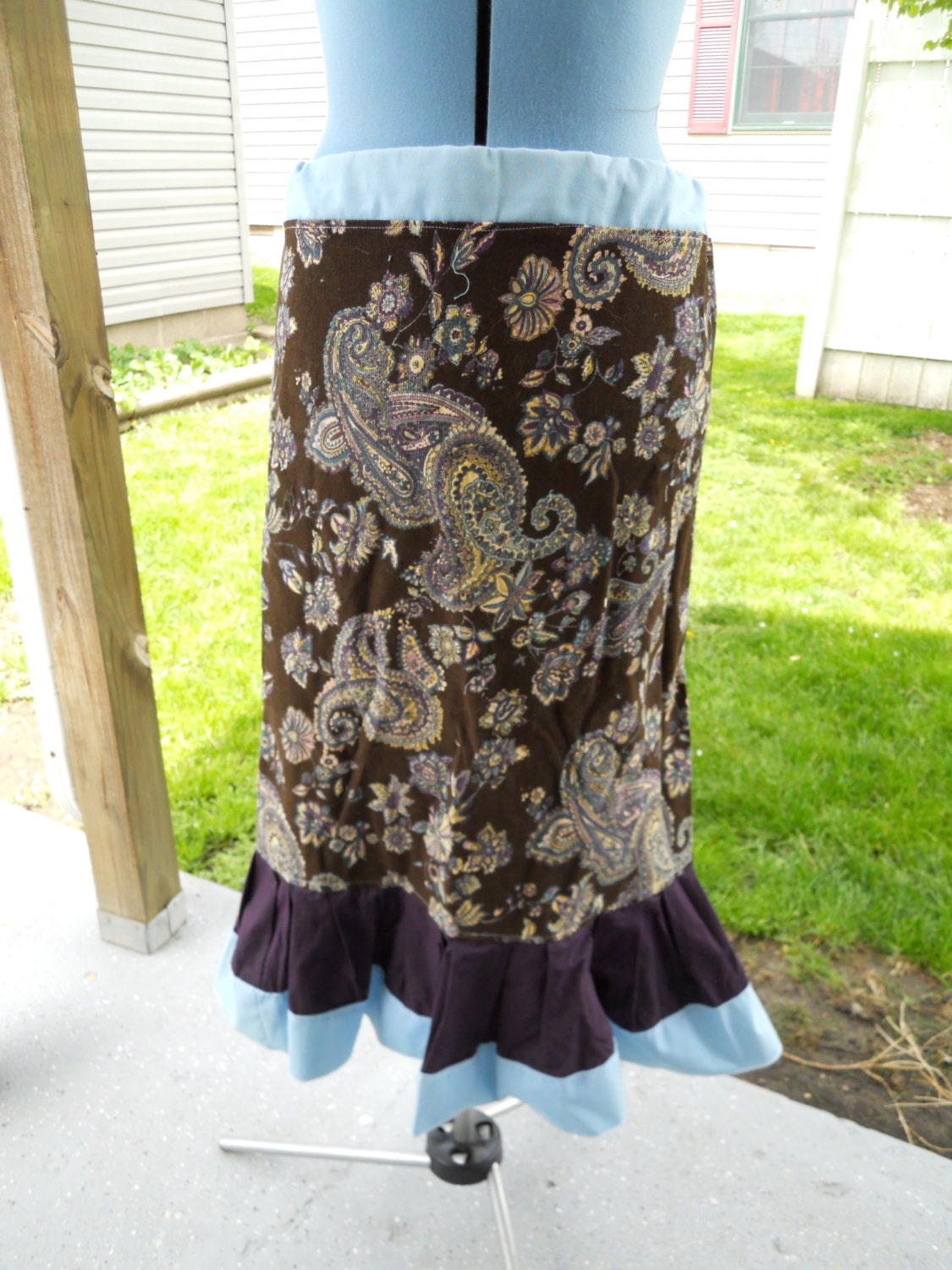 SALE Corduroy Flowers and Paisleys Hippie Patchwork Tiered A line Skirt