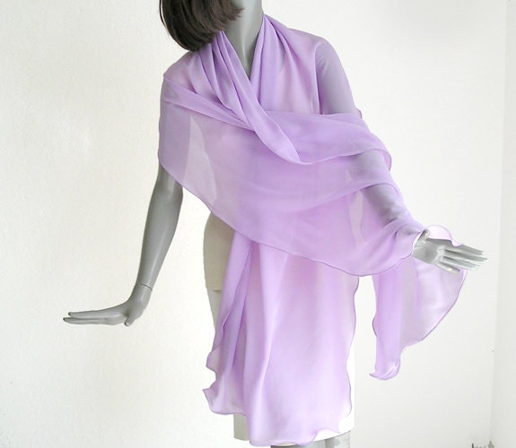 Lavender Violet Shawl Wrap 100% Silk Chiffon 10mm Unique Hand Dyed, 21" x 85".