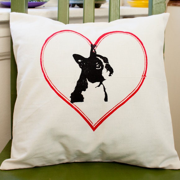 Boston Terrier Heart Pillow Cover, Valentine, original design screenprint, Natural Muslin cotton fabric - fits 12x12 pillow - pet home decor