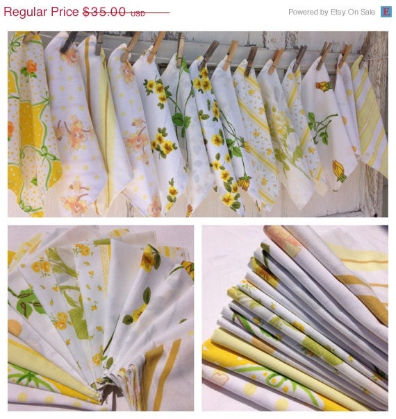 HOLIDAY WEEKEND SALE- Yellow Cloth Napkins-Cottage-Shabby Chic-Roses-Upcycled Bed Linens