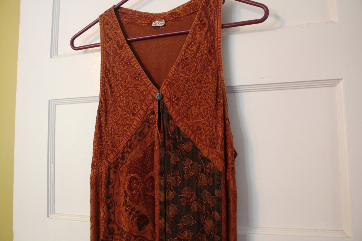 Hippie Style Gauze Dress.  Embroidered.  Maxi Tank.  Vintage clothing.  Vintage dress.