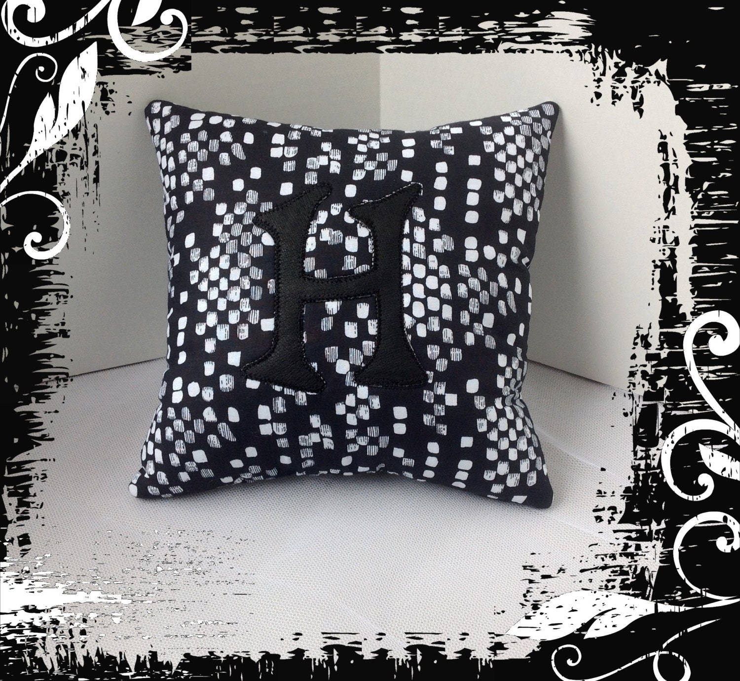 Leather Initial Pillow - Black and White - Machine Embroidered - soft fluffy stuffing - 10 inch pillow