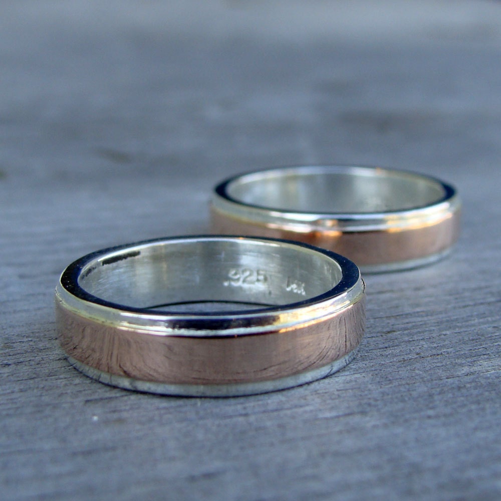Set of Two Recycled Sterling Silver and 14k Rose Gold Two-Tone Wedding Bands, Affordable and Eco-Friendly, Made to Order