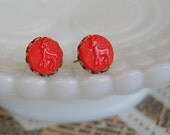 Red Little Deer vintage post earrings- scallop frame- woodland whimsy