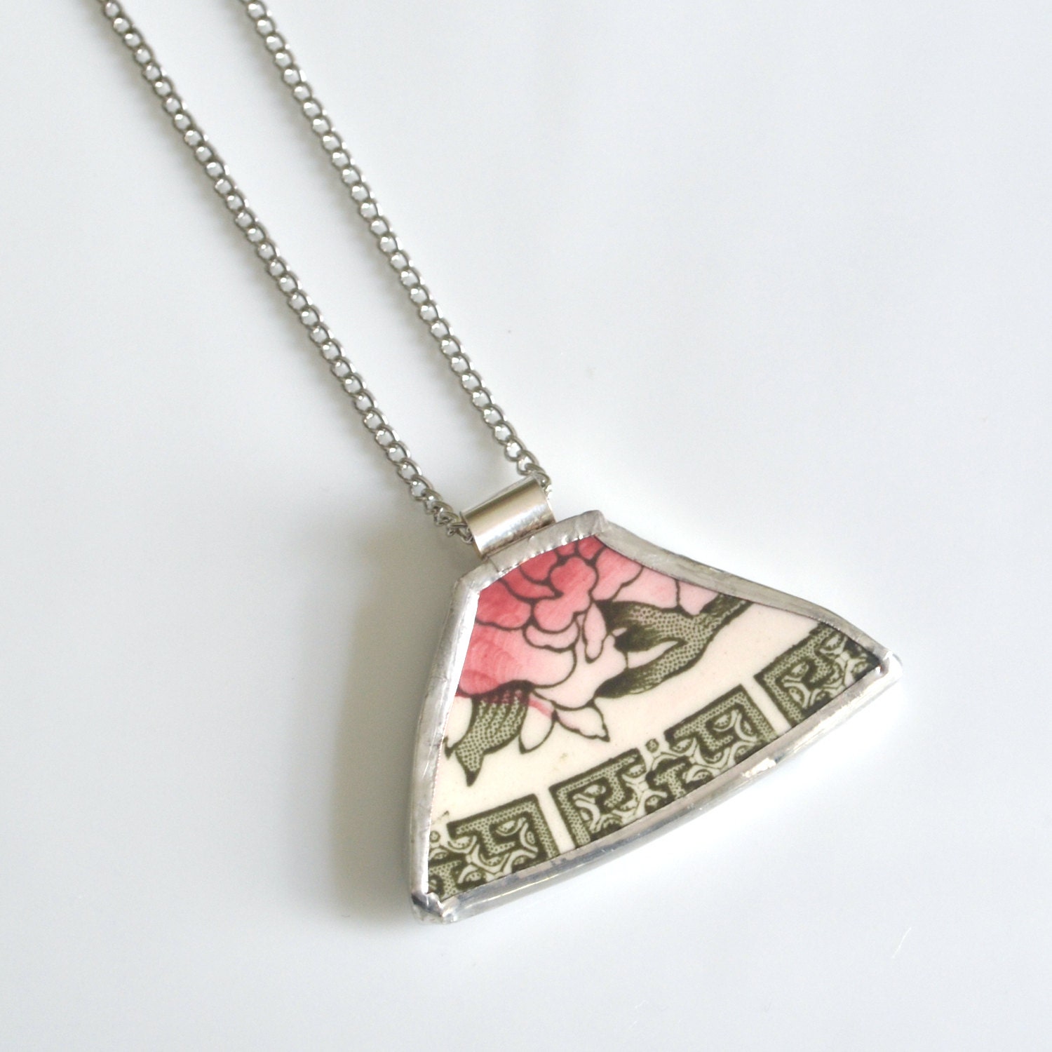 Broken Plate Pendant on Chain - Indian Tree - Recycled China