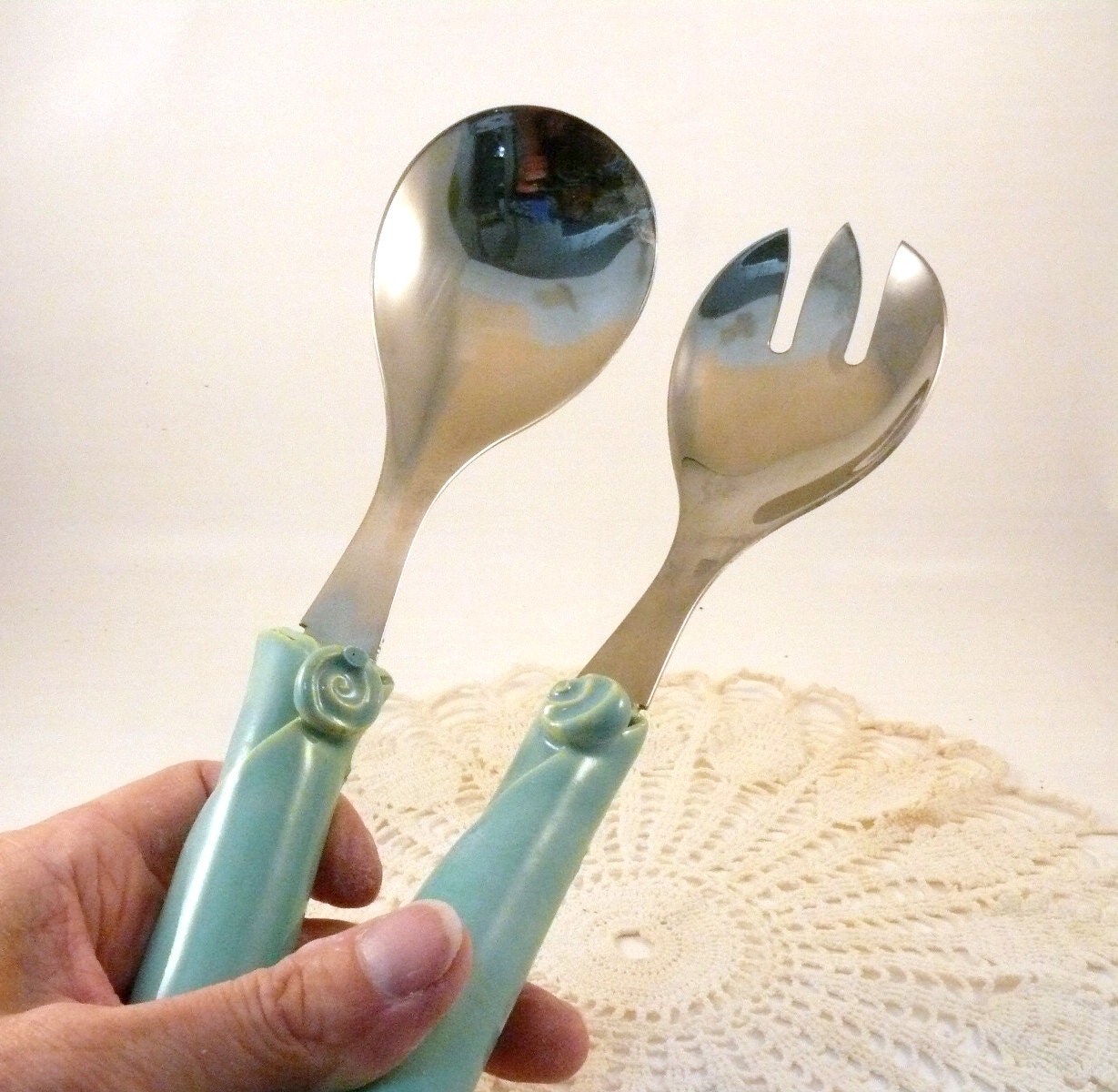 Kitchen Utensils - Ceramic Salad Tong Set in blue - handmade handles stainless steel fork and spoon - pasta servers - kitchen cutlery