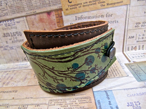 Leather Cuff Wrap Bracelet, Twiggy Print in Brown & Hunter Green - SALE - see Shop for Coupon Codes...