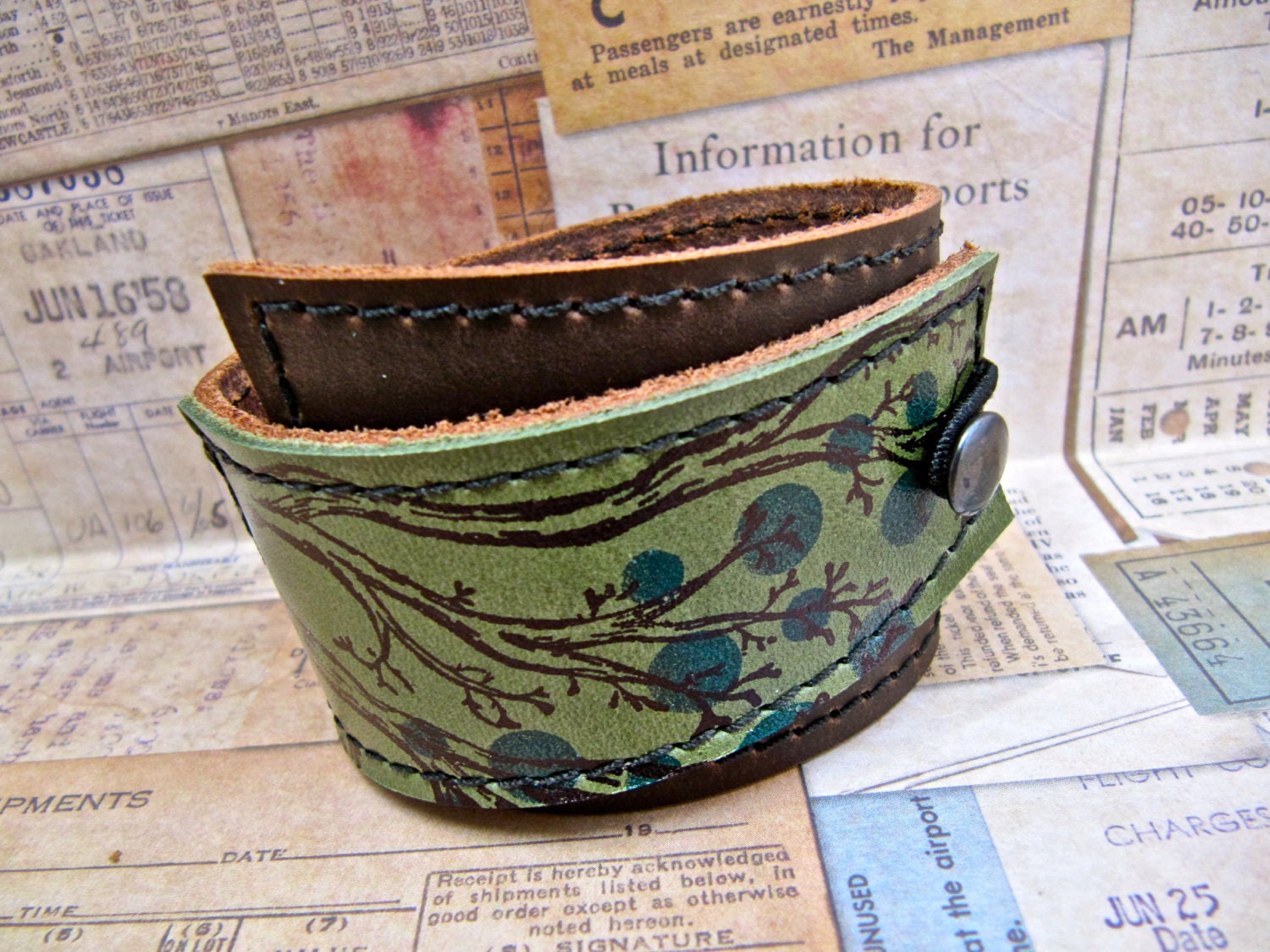 Leather Cuff Wrap Bracelet, Twiggy Print in Brown & Hunter Green - SALE - see Shop for Coupon Codes...