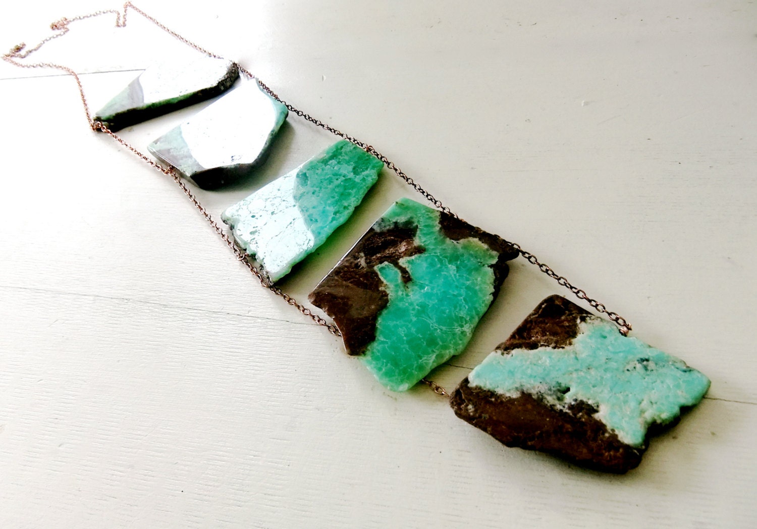 Chrysoprase Copper slab ABACUS Ladder Statement Necklace Long Green Brown