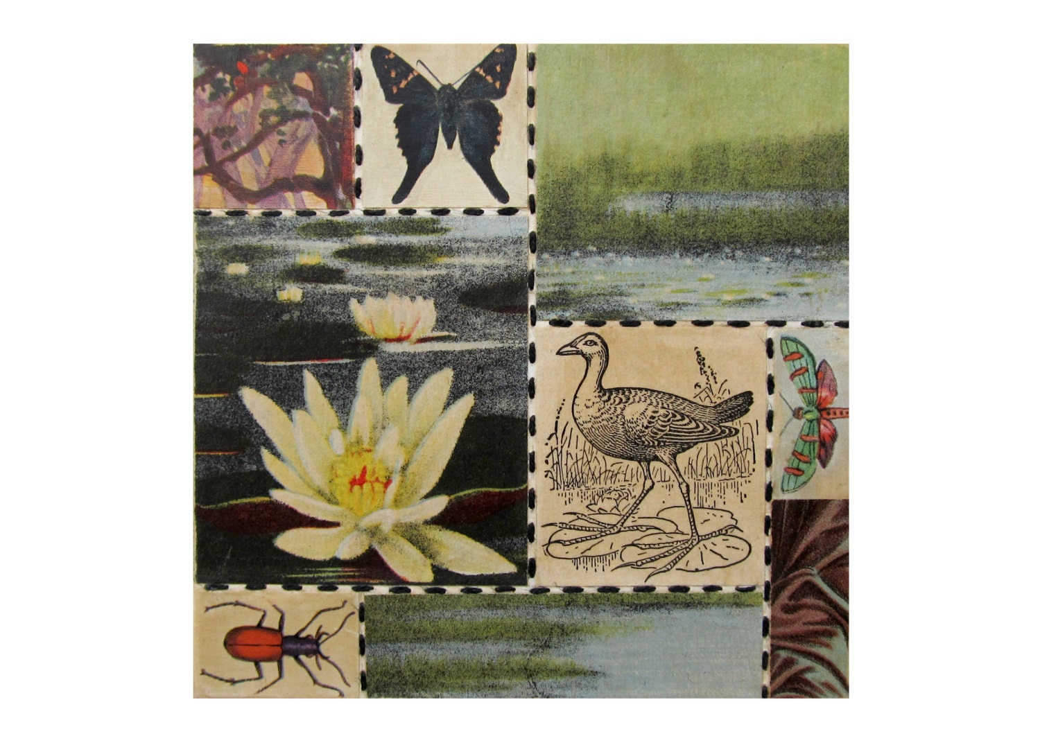 Pond, Bricolage no 99 - Original COLLAGE Mixed Media on 4" x 4" Panel