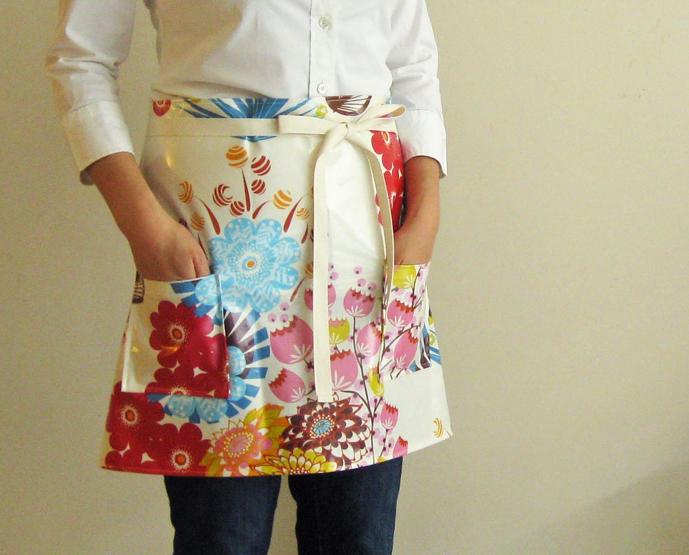 Waterproof apron - spring flowers on white