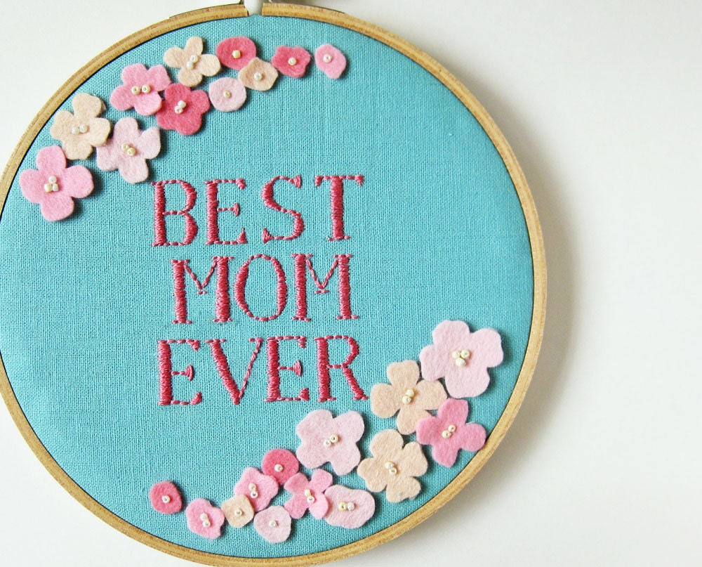 Mother's Day Embroidery Hoop - Blush pink flowers on aqua linen