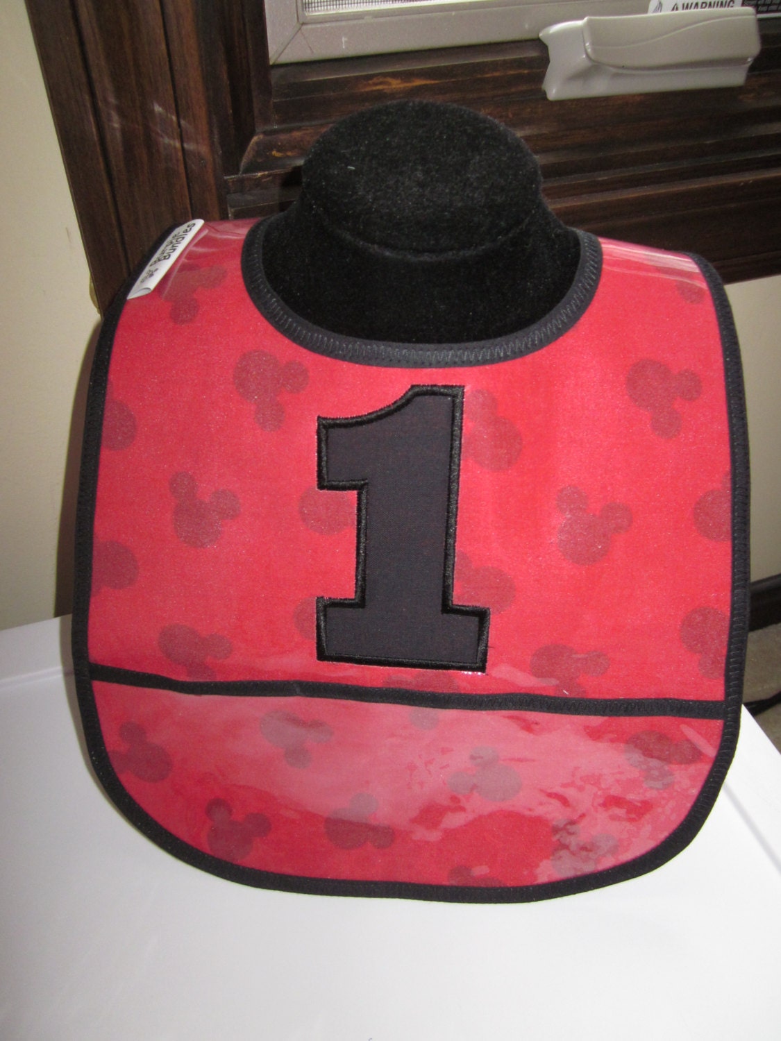 WATERPROOF WIPEABLE Baby to Toddler Plastic Coated Bib Mickey Mouse Head Red and Black WITH 1 Applique
