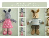 Two Pattern Deal: little cotton rabbits bunny girl in a dotty dress AND bunny boy with a piebald patch