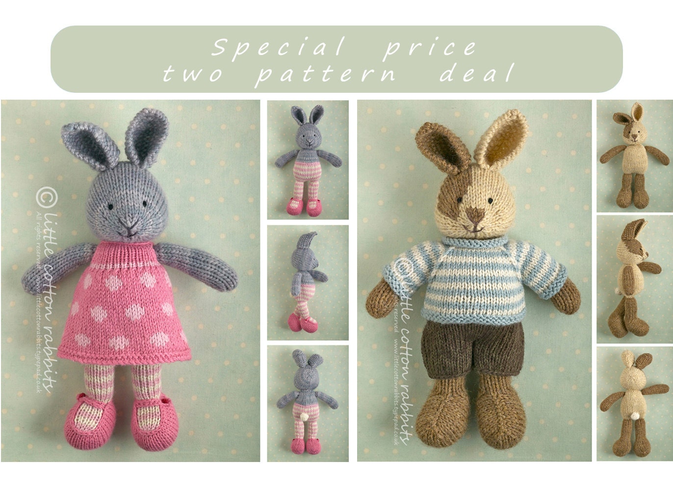 Two Pattern Deal: little cotton rabbits bunny girl in a dotty dress AND bunny boy with a piebald patch