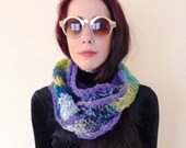 Handknit eco striped cowl scarf in recycled green and blue wool yarn