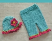 SALE RTS Knit SPRiNG SuMmer EaSTeR Newborn 0 to 3 month Girl Pants Hat Set BaBy PHoTo PRoPs Ocean Aqua w Lime Hot Pink TRiM & FLoWeR CLoChe