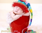 SALE newborn Girl Boy Hat Baby Photo PROP Munchkin TICKLES Rainbow Stocking Cap Unigender Fuzzy Red Brim FatTassel PiCk CoLors Knit to Orde