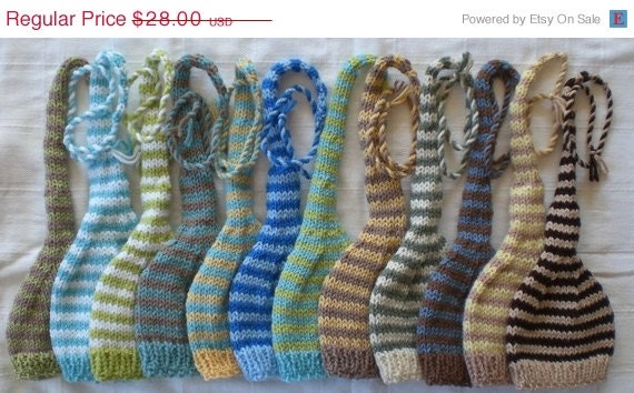 SALE 1 Newborn Boy Hat Baby Photo PROP Striped Munchkin Stocking Cap long tail PiCK CoLors Knit to Order blue brown green black tan grey or